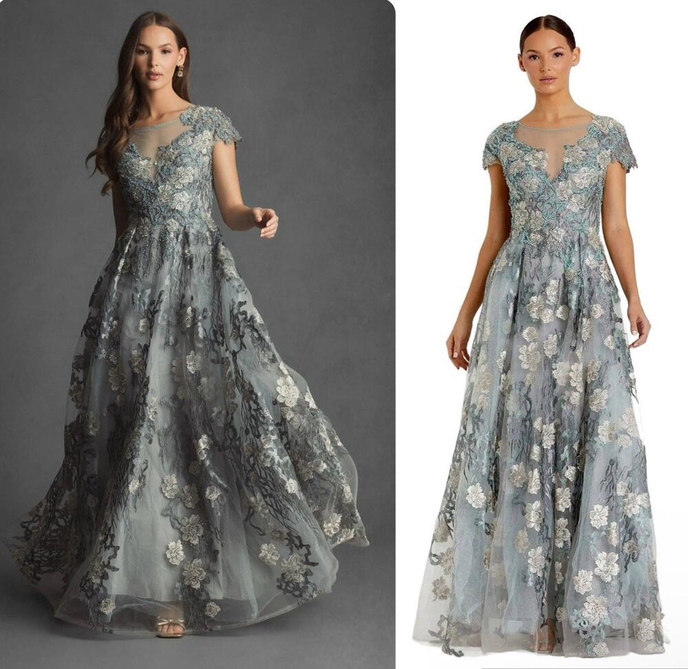 Mac Duggal 20294 Floral Embroidered Short Cap Sleeve Gown Seamist Size 14 NWT